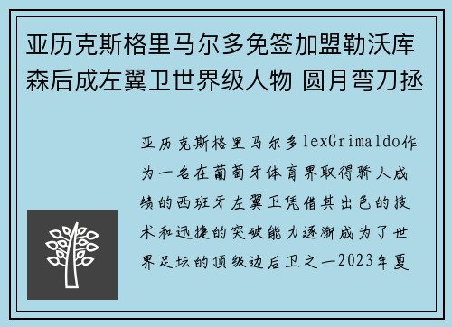 亚历克斯格里马尔多免签加盟勒沃库森后成左翼卫世界级人物 圆月弯刀拯救球队 亚历克斯格里马尔多免签加盟勒沃库森后成左翼卫世界级人物 圆月弯刀拯救球队